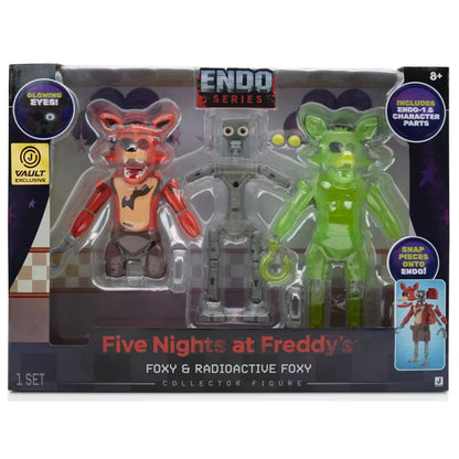 Endo Series Five Nights at Freddy's Foxy & Radioactive Foxy collector figure set in retail packaging, featuring a red-orange Foxy, a gray radioactive Foxy, and a green Radioactive Foxy.