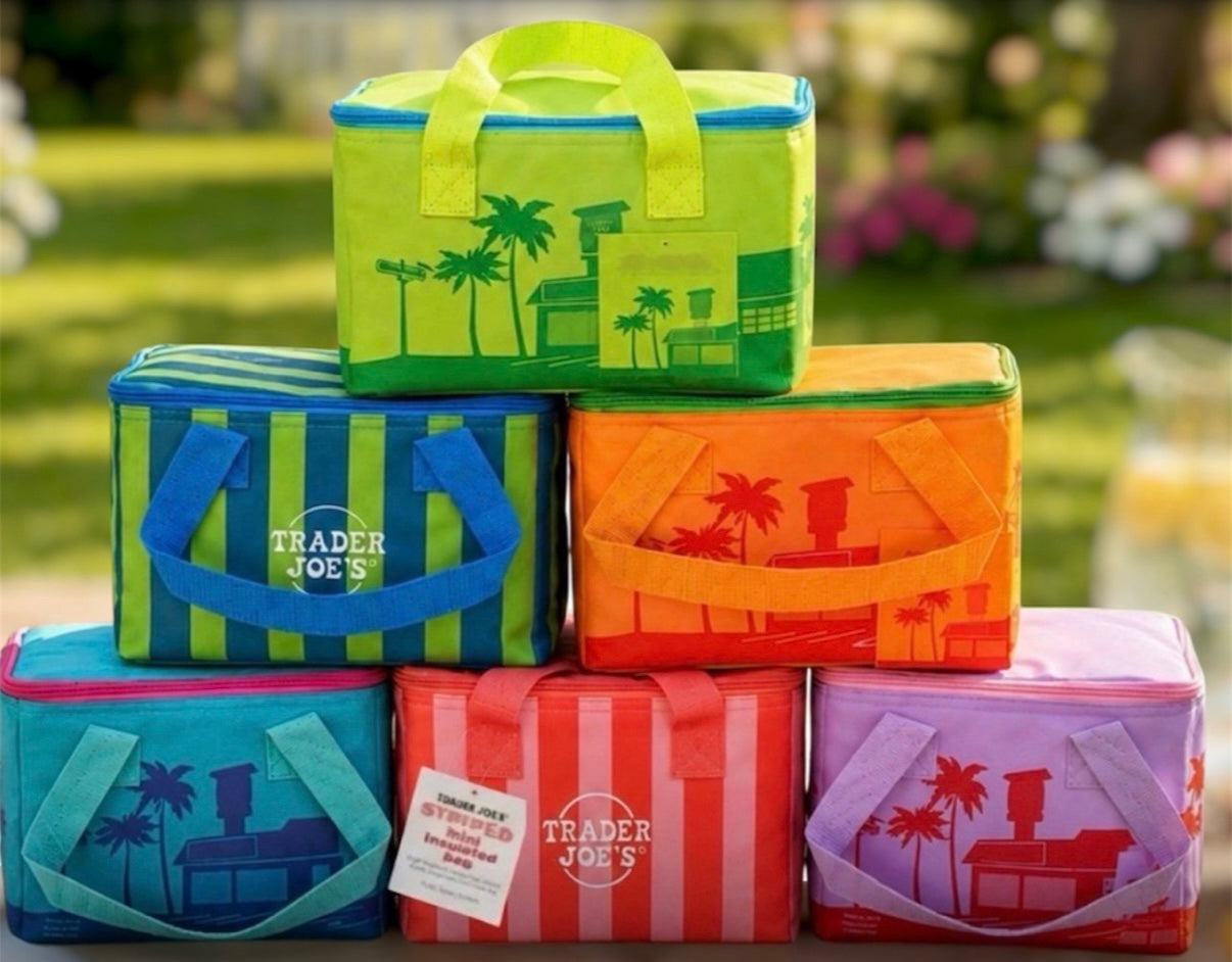 Stack of colorful insulated bags with palm tree design, featuring Trader Joe's branding.