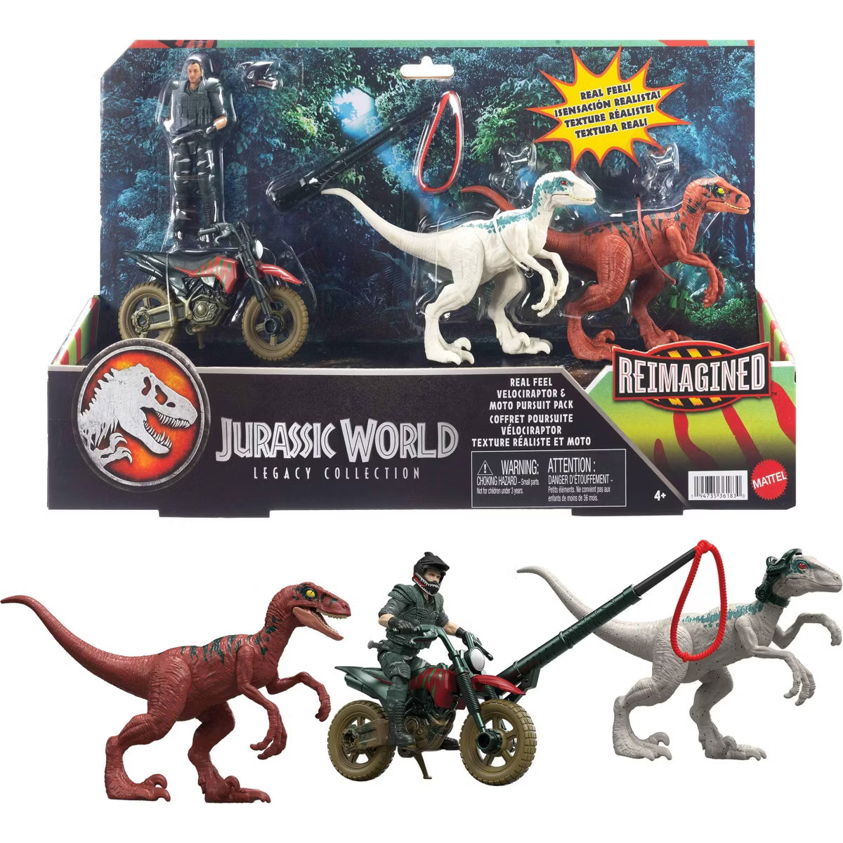 Jurassic World Reimagined Velociraptor & Moto Pursuit Pack | Real Feel Action Figure 3-Pack