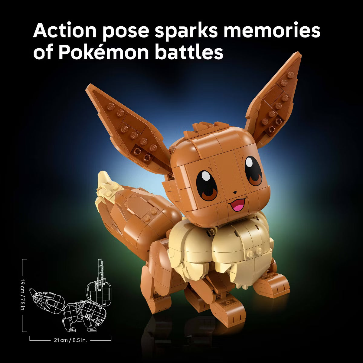 Toy figure of a brown and beige creature with large ears on a dark background, labeled 'Action pose sparks memories of Pokémon battles'.