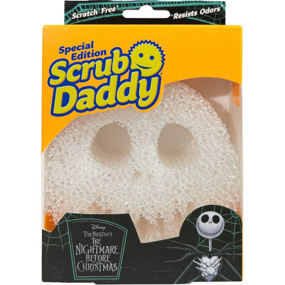 Disney Tim Burton's The Nightmare Before Christmas Special Edition Scrub Daddy cleaning sponge in its original retail packaging, featuring a white sponge with a skull design visible through a clear window on an orange and black box.