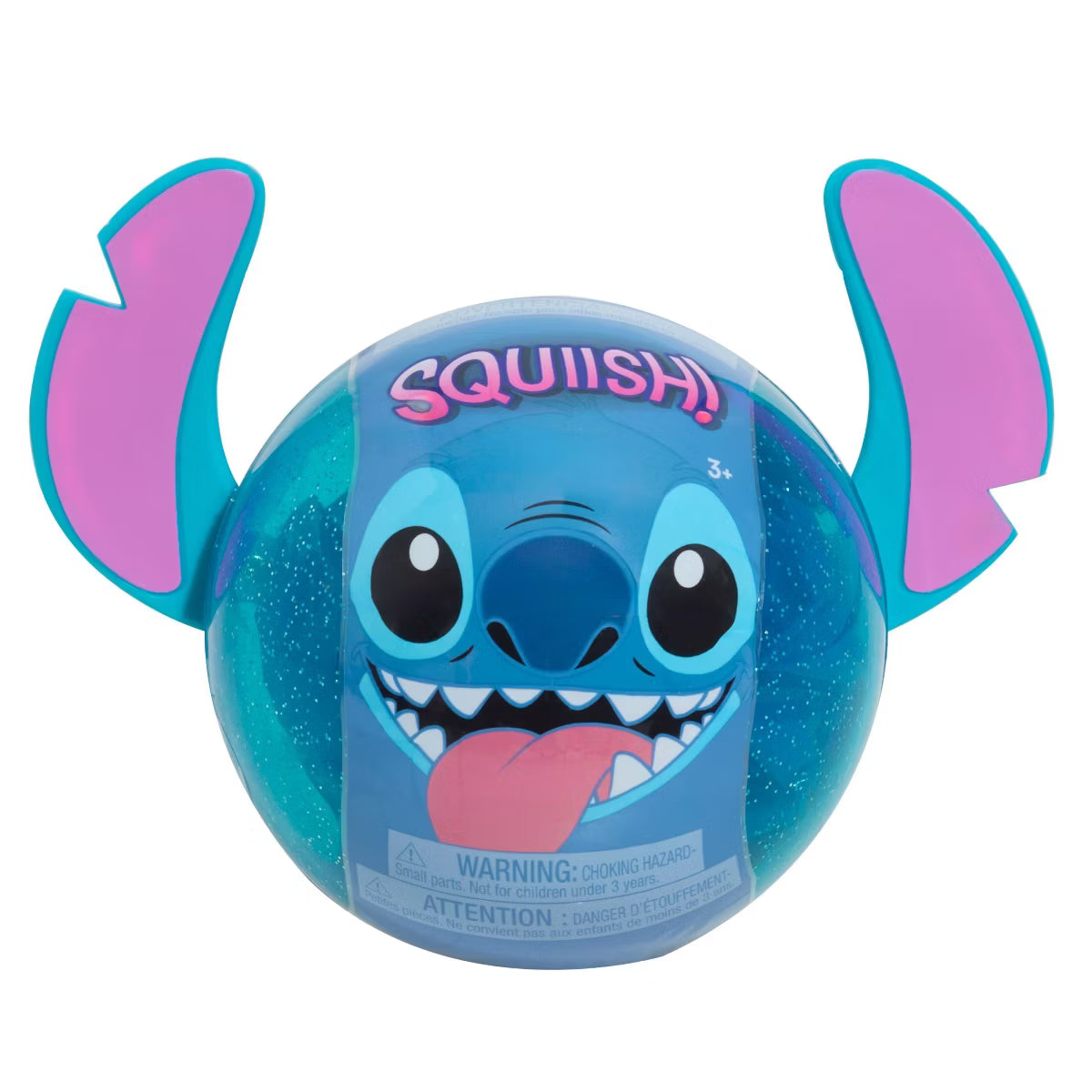 A blue and teal glittery squishy ball featuring a cartoon character face with pink ears and a pink tongue, on a white background.