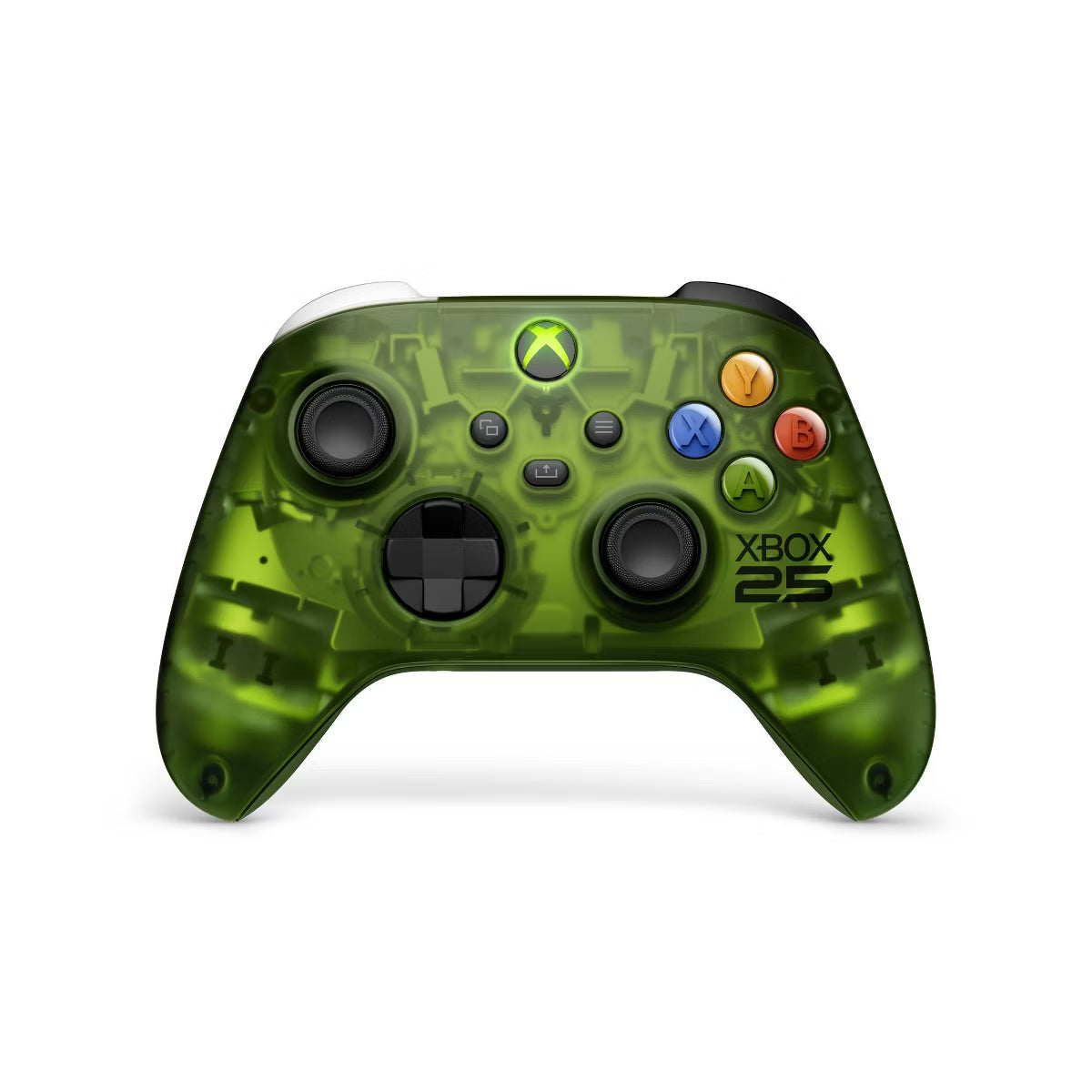 A Xbox One S wireless controller in a translucent olive green color, featuring a green camouflage pattern over the internal controls. The controller has the Xbox logo on the top center and the Xbox One S branding on the lower right, set against a plain white background.