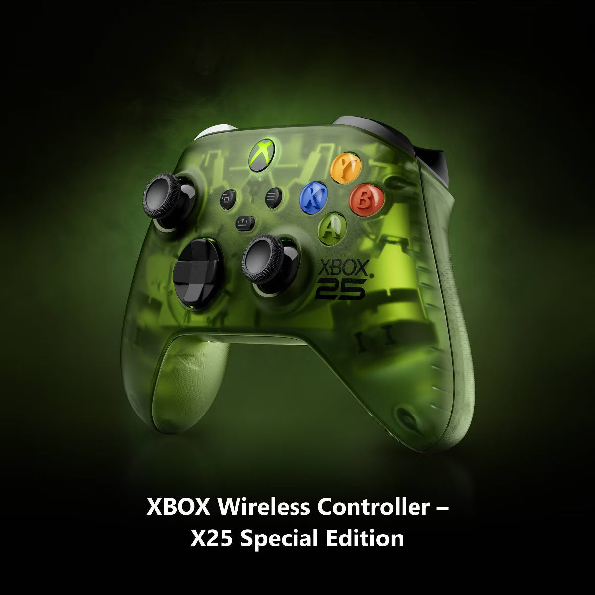 Xbox Wireless Controller X25 Special Edition in translucent green with a subtle camouflage pattern, shown against a dark green and black background with text overlay at the bottom.