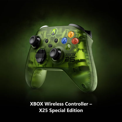 Xbox Wireless Controller X25 Special Edition in translucent green with a subtle camouflage pattern, shown against a dark green and black background with text overlay at the bottom.