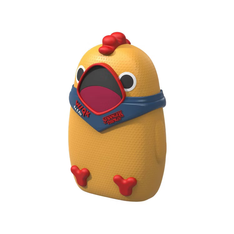 Yellow chicken-shaped object with a red bow and 'Stranger Things' branding on a white background