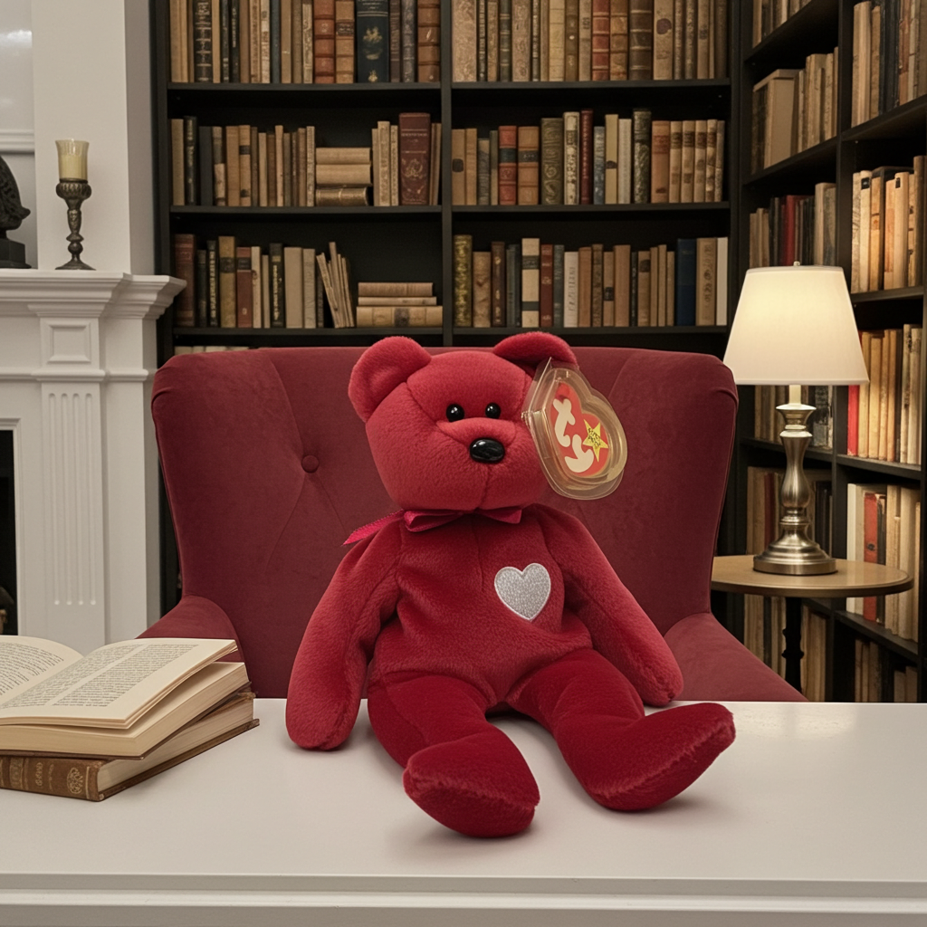 Red teddy bear with a heart on a table in a room with bookshelves and a lamp.