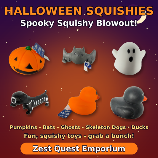 Promotional graphic for a Halloween squishy toy bundle from Zest Quest Emporium, featuring six squishy toys: a pumpkin, a bat, a ghost, a skeleton dog, an orange rubber duck, and a dark gray duck, set against a dark red and purple starry background with orange and white text.