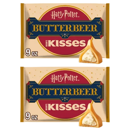 Two packages of Harry Potter Butterbeer Kisses on a white background
