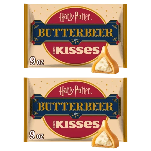 Two packages of Harry Potter Butterbeer Kisses on a white background