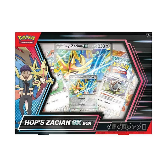 Pokémon trading card game box featuring Hop's Zacian GX on a white background