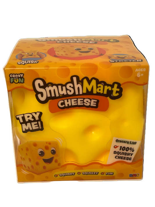 SmushMart Cheese packaging with yellow cheese-shaped toy on a white background