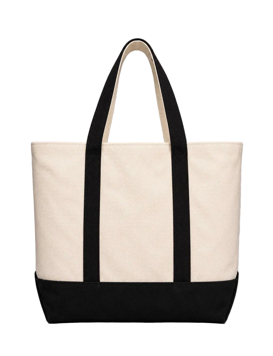 White tote bag with black handles and bottom on a gray background