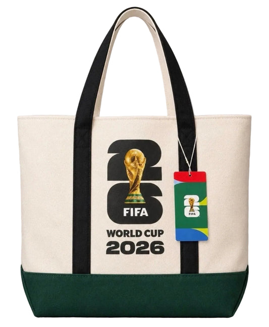 Tote bag with FIFA World Cup 2026 logo and design on a gray background