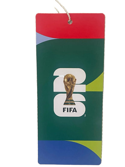 Colorful tag with FIFA World Cup logo on a textured surface