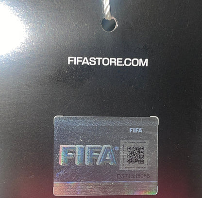 FIFA branded tag with a QR code on a black background
