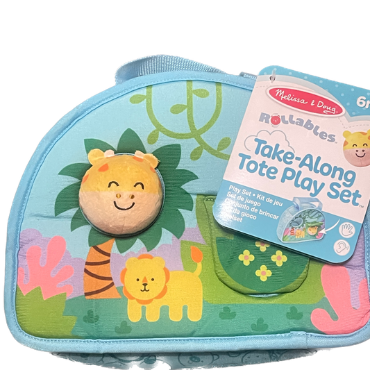 Melissa & Doug Rollables Take-Along Tote Play Set with toy and packaging on a white background