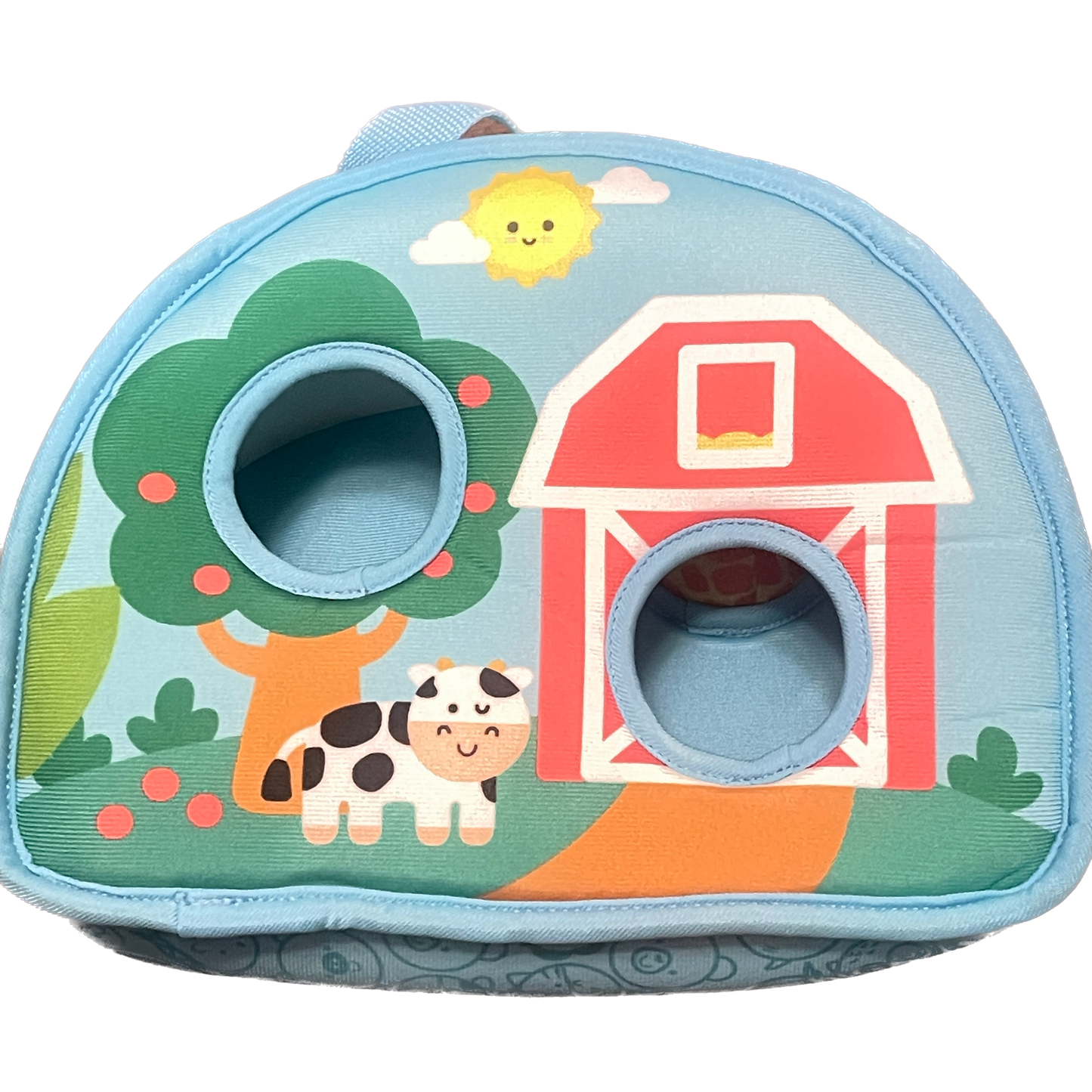 Children's backpack with farm-themed design featuring a barn, cow, and tree.