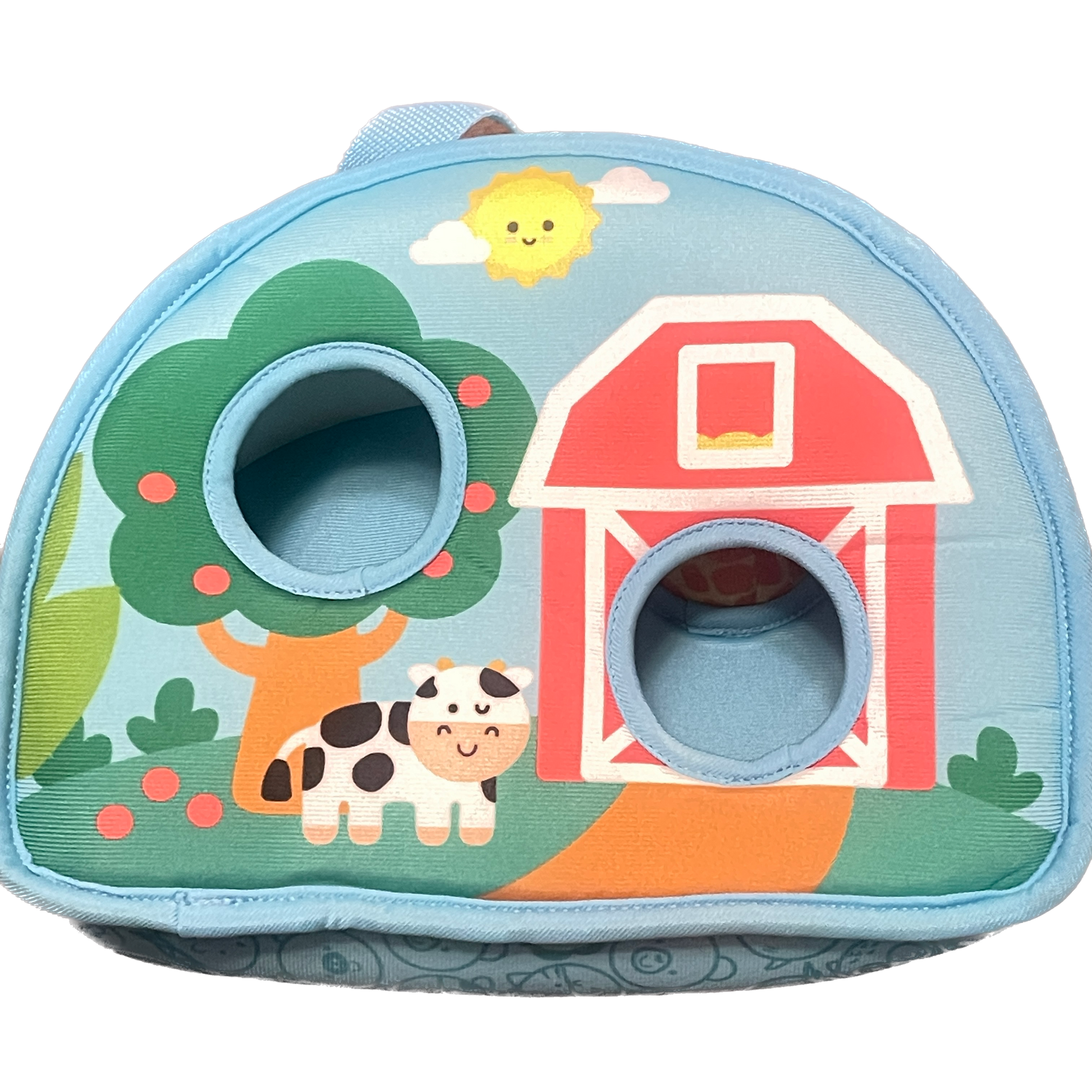 Children's backpack with farm-themed design featuring a barn, cow, and tree.