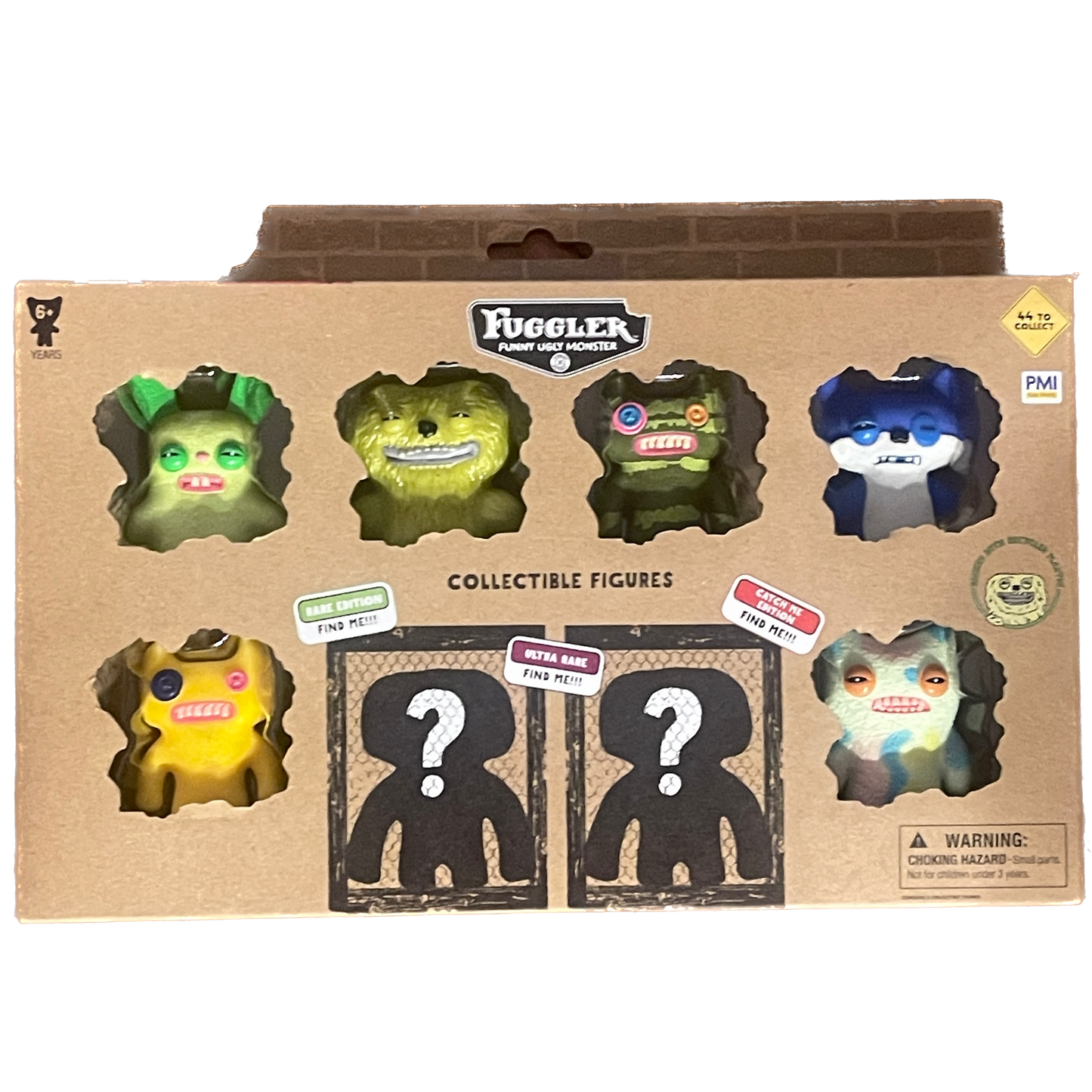 Box of Fuggler collectible figures with six colorful characters on a brown background.
