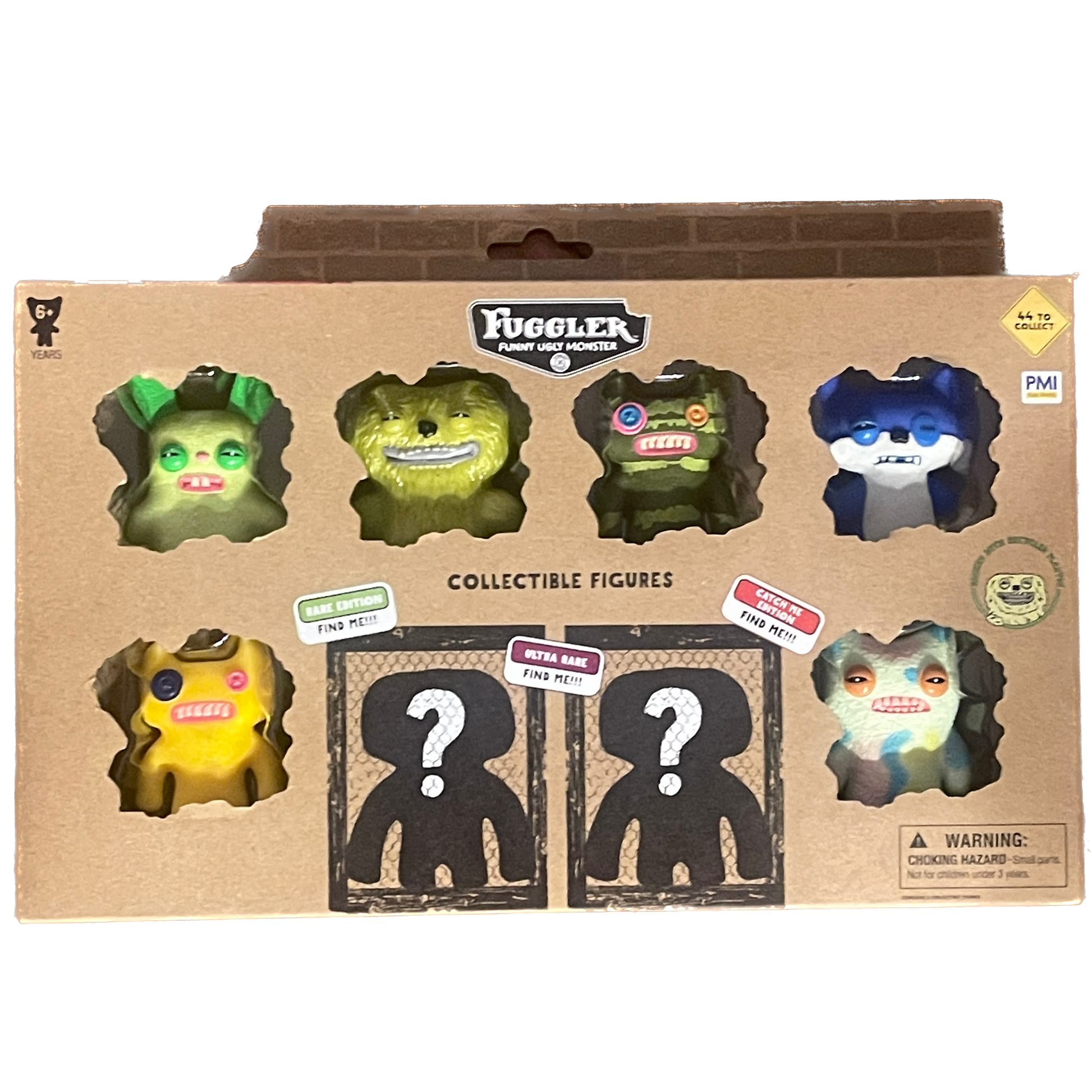 Box of Fuggler collectible figures with six colorful characters on a brown background.
