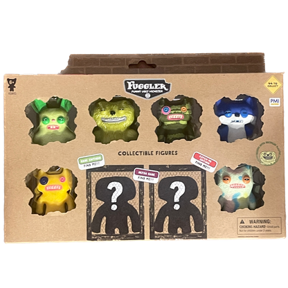 Box of Fuggler collectible figures with six colorful characters on a brown background.