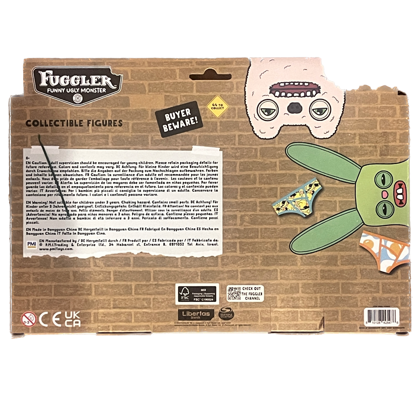 Back of a Fuggler collectible figures packaging with cartoon monster design.