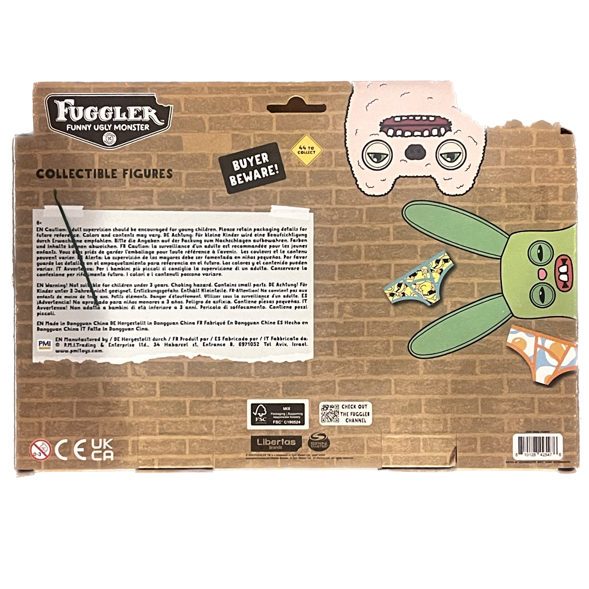 Back of a Fuggler collectible figures packaging with cartoon monster design.