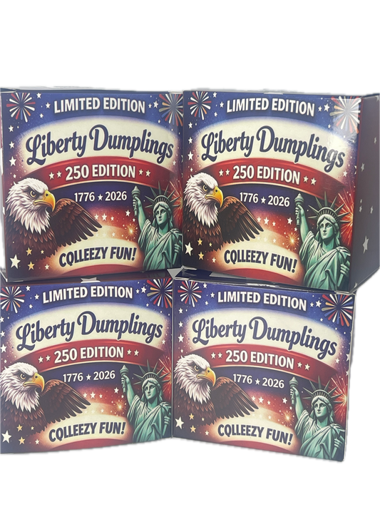 Four boxes of Liberty Dumplings 250th Anniversary Limited Edition cookies arranged in a 2x2 grid on a white background. The packaging features patriotic red, white, and blue colors with illustrations of the Statue of Liberty, a bald eagle, and fireworks.