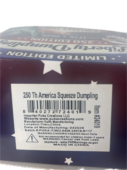Close-up of a boxed product showing the side and back label. The box is dark blue with white stars and vertical text reading '250th America Squeeze Dipping' and 'Limited Edition.