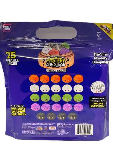 A bag of My Little Pony: Friendship is Magic 'The Viral Mystery Dumpling' by Pop Mart, containing 25 mystery dumplings. The packaging is predominantly dark purple with a graphic showing 15 colorful dumplings (orange, pink, green, white, and dark gray) and a cartoon illustration of a dumpling in a pot.