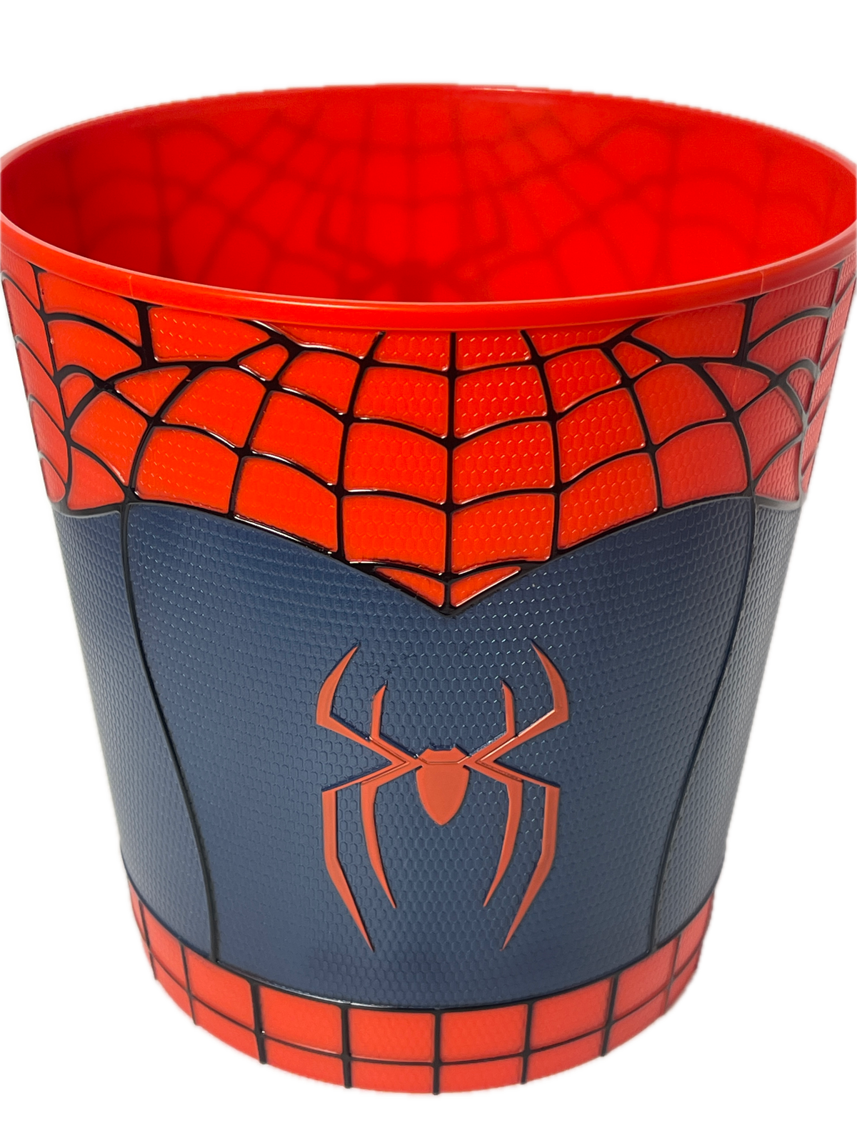 A Spider-Man themed cup featuring a red and navy blue design with black web patterns and a spider logo, isolated on a white background.