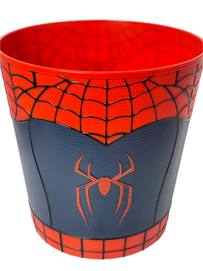 A Spider-Man themed cup featuring a red and navy blue design with black web patterns and a spider logo, isolated on a white background.