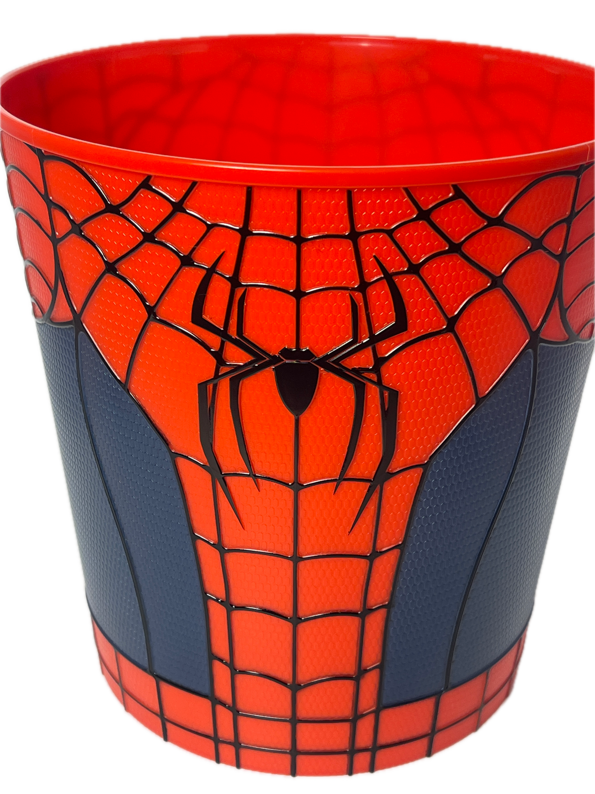 A Spider-Man themed cup featuring the iconic red and navy blue web pattern with a black spider emblem on the front, isolated on a white background.