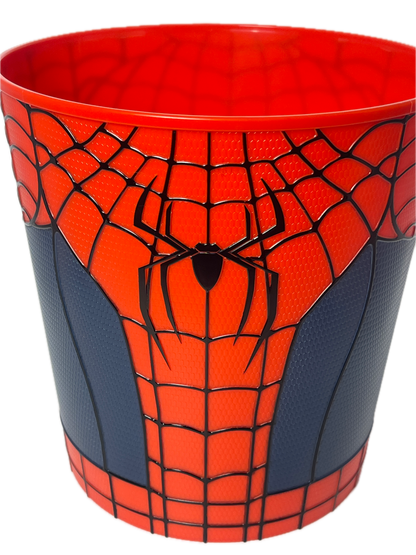 A Spider-Man themed cup featuring the iconic red and navy blue web pattern with a black spider emblem on the front, isolated on a white background.