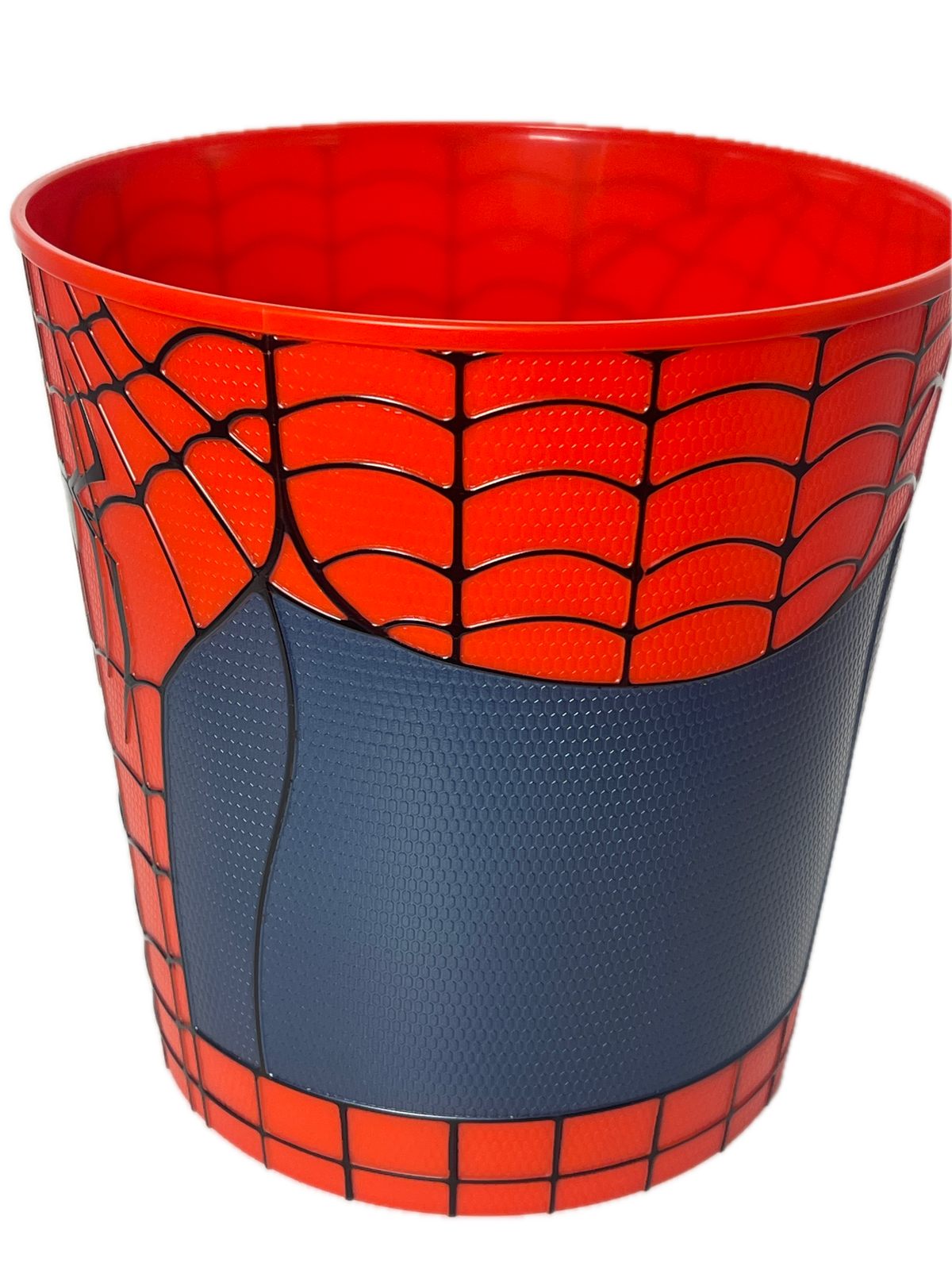 A cylindrical cup or tumbler featuring a Spider-Man-inspired design with a red and black web pattern on the sides and a dark navy blue textured center panel, shown on a plain white background.