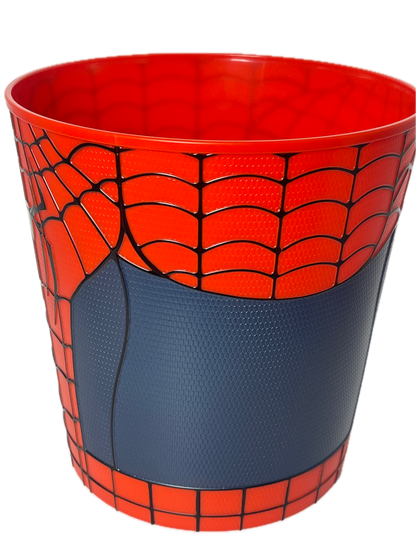 A cylindrical cup or tumbler featuring a Spider-Man-inspired design with a red and black web pattern on the sides and a dark navy blue textured center panel, shown on a plain white background.