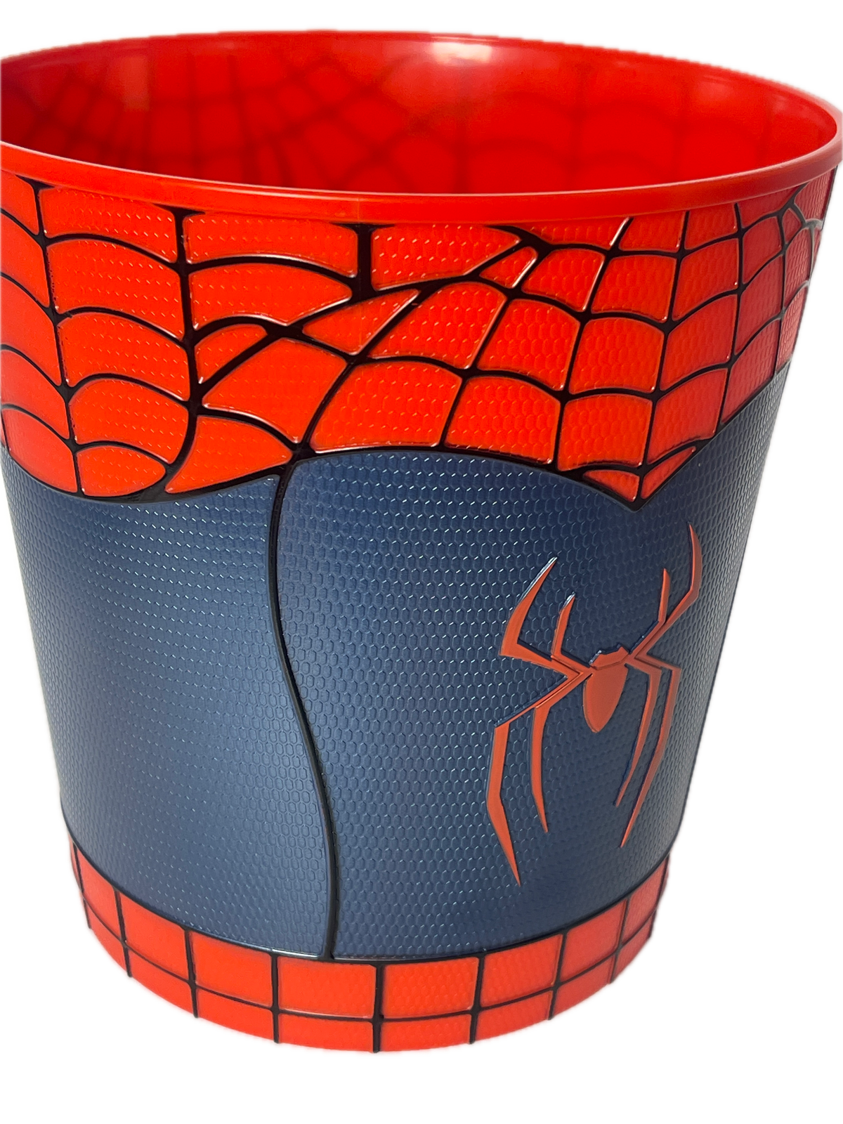 A Spider-Man themed cup featuring a red and navy blue design with black web lines and a spider logo, shown on a white background.