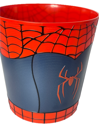 A Spider-Man themed cup featuring a red and navy blue design with black web lines and a spider logo, shown on a white background.