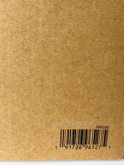 Close-up of the back cover of a brown kraft paper notebook or book, featuring a barcode and printed numbers near the bottom.