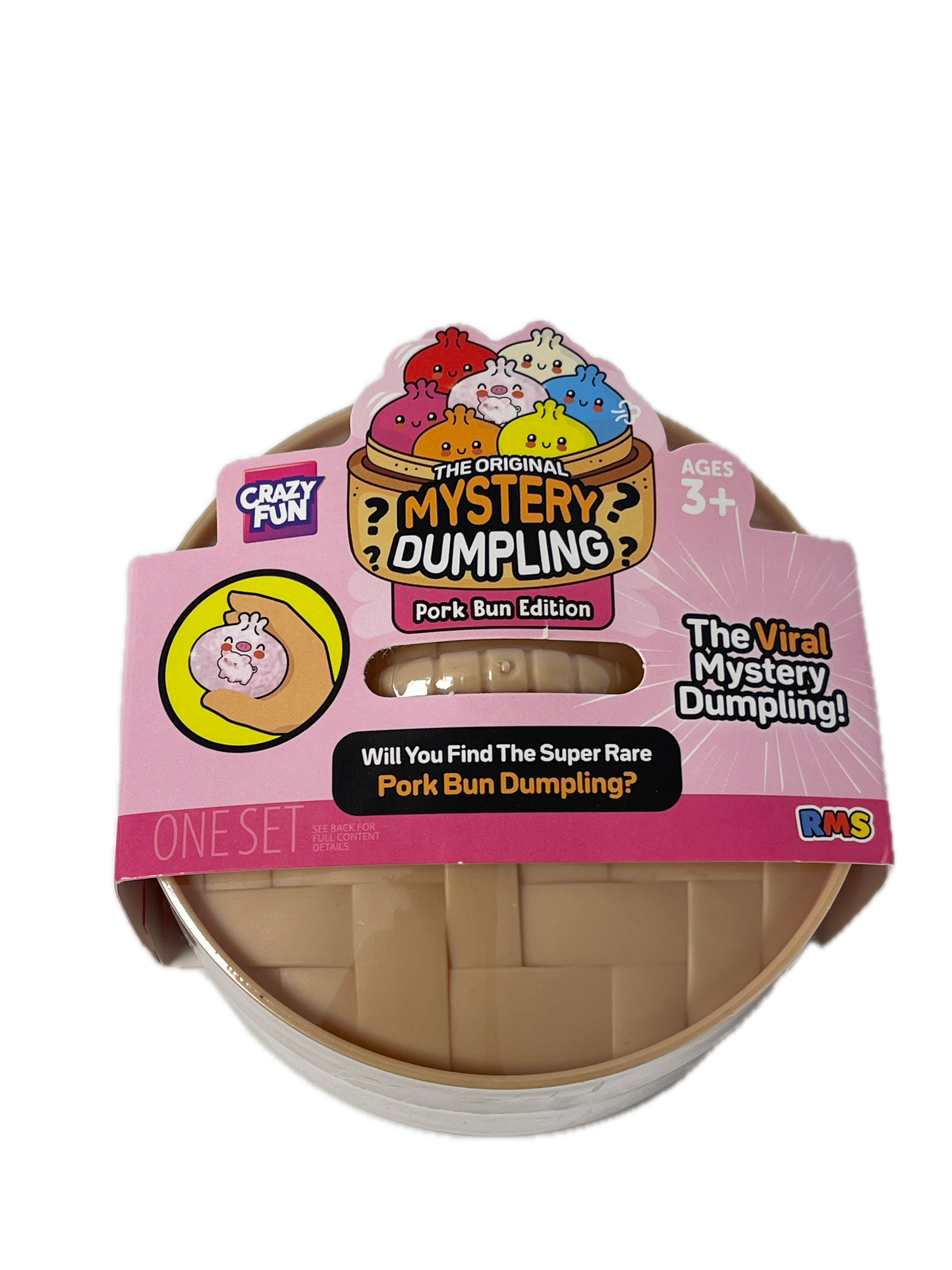 Crazy Fun Bots The Yuckiest Moshpit Dumpling! Mystery Dumpling Port Bun Edition, featuring a pink cardboard sleeve with cartoon graphics and a beige plastic port-bun container, shown on a white background.