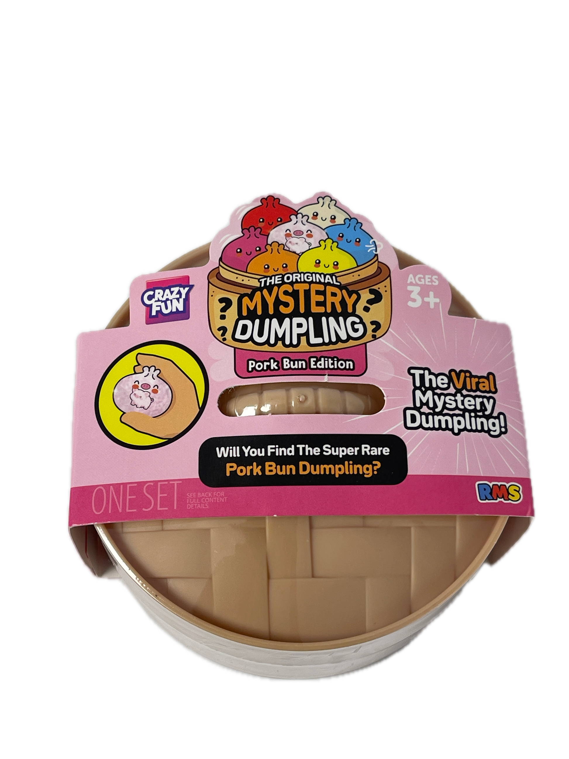 Crazy Fun Bots The Yuckiest Moshpit Dumpling! Mystery Dumpling Port Bun Edition, featuring a pink cardboard sleeve with cartoon graphics and a beige plastic port-bun container, shown on a white background.