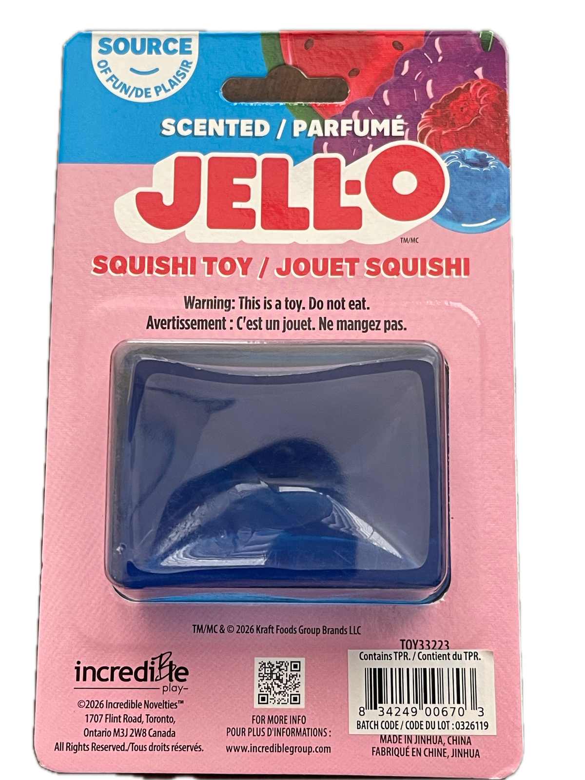 A Jell-O branded scented squishy toy in its original pink retail blister packaging, with a translucent blue squishy visible inside.