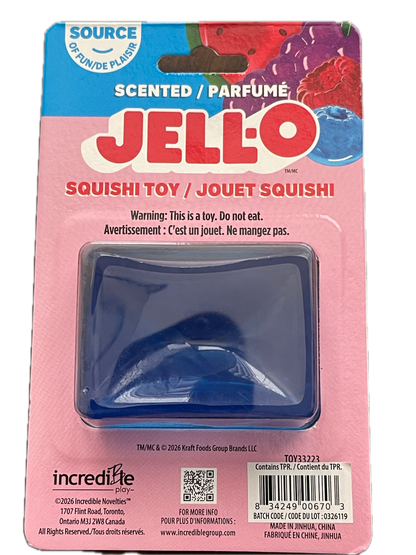 A Jell-O branded scented squishy toy in its original pink retail blister packaging, with a translucent blue squishy visible inside.