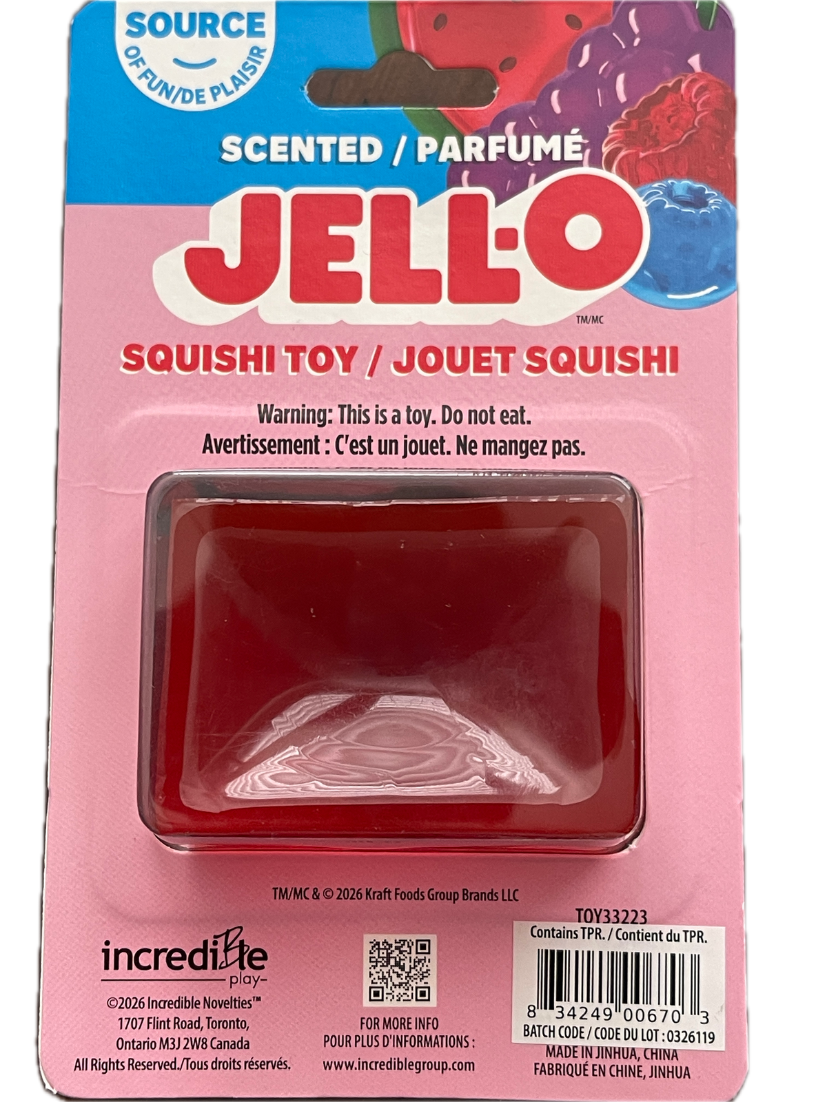 Jell-O Squishy Toy in red, packaged on a pink and blue cardboard backing with Jell-O and incretie branding.