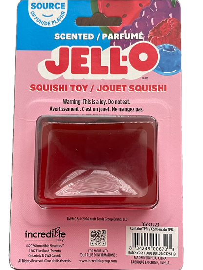 Jell-O Squishy Toy in red, packaged on a pink and blue cardboard backing with Jell-O and incretie branding.