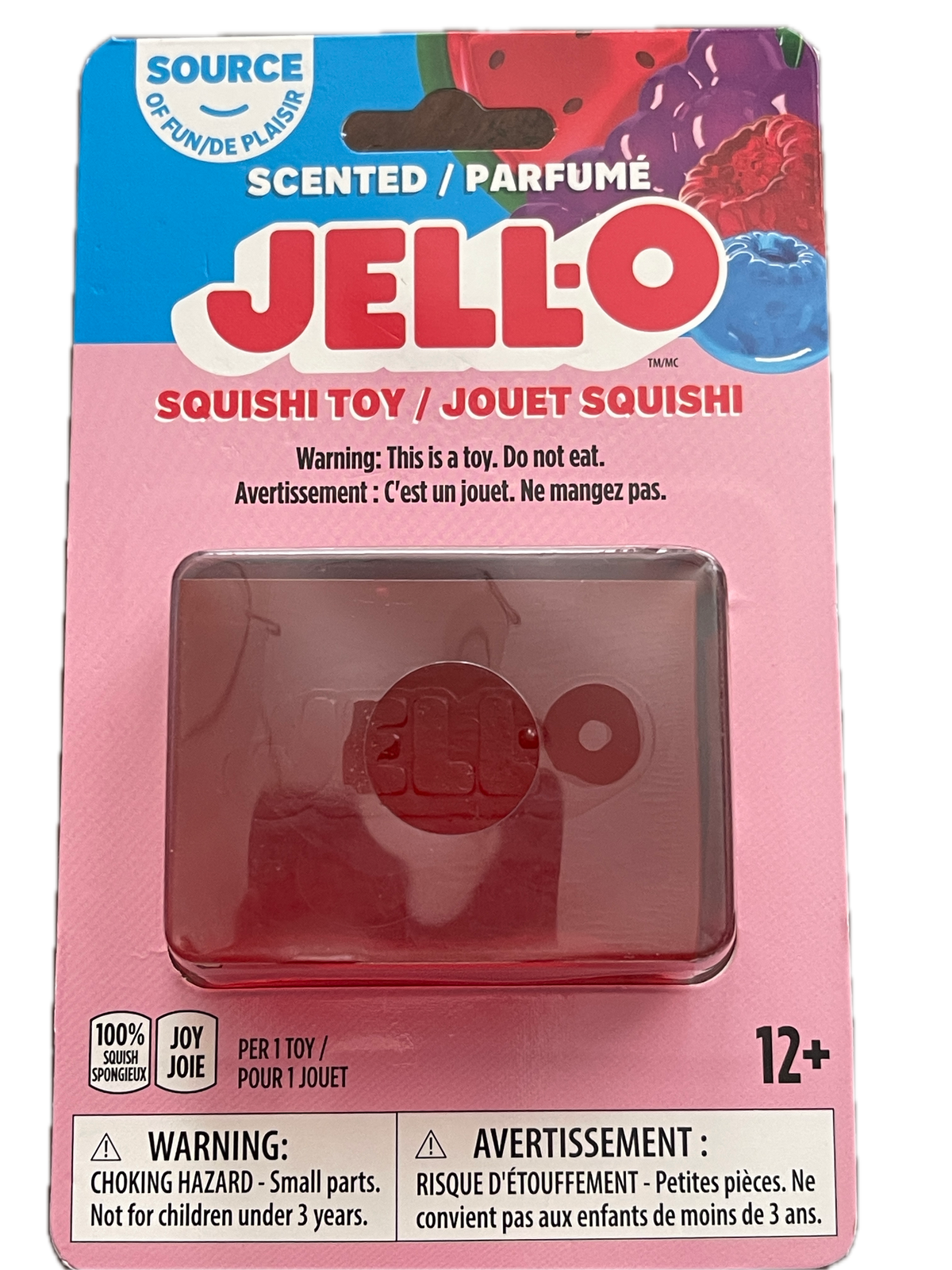 Jell-O Scented Squishy toy in its original pink and blue blister packaging, featuring a translucent pinkish-red squishy toy inside a clear plastic window.