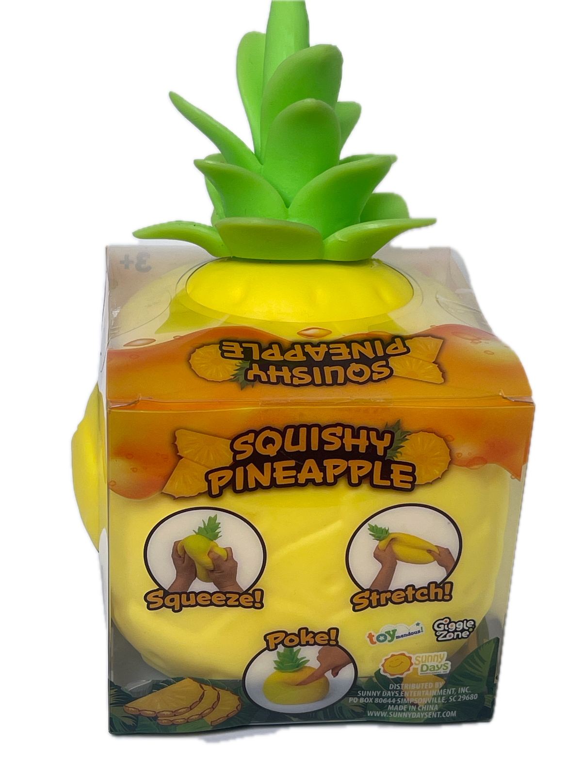 A packaged squishy pineapple toy with a bright yellow body, green leafy top, and printed packaging showing squeeze and poke instructions, isolated on a white background.