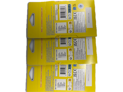 Three yellow cardboard retail hang cards or packaging inserts stacked vertically, showing printed barcodes, regulatory labels, and hang tabs on a plain white background.