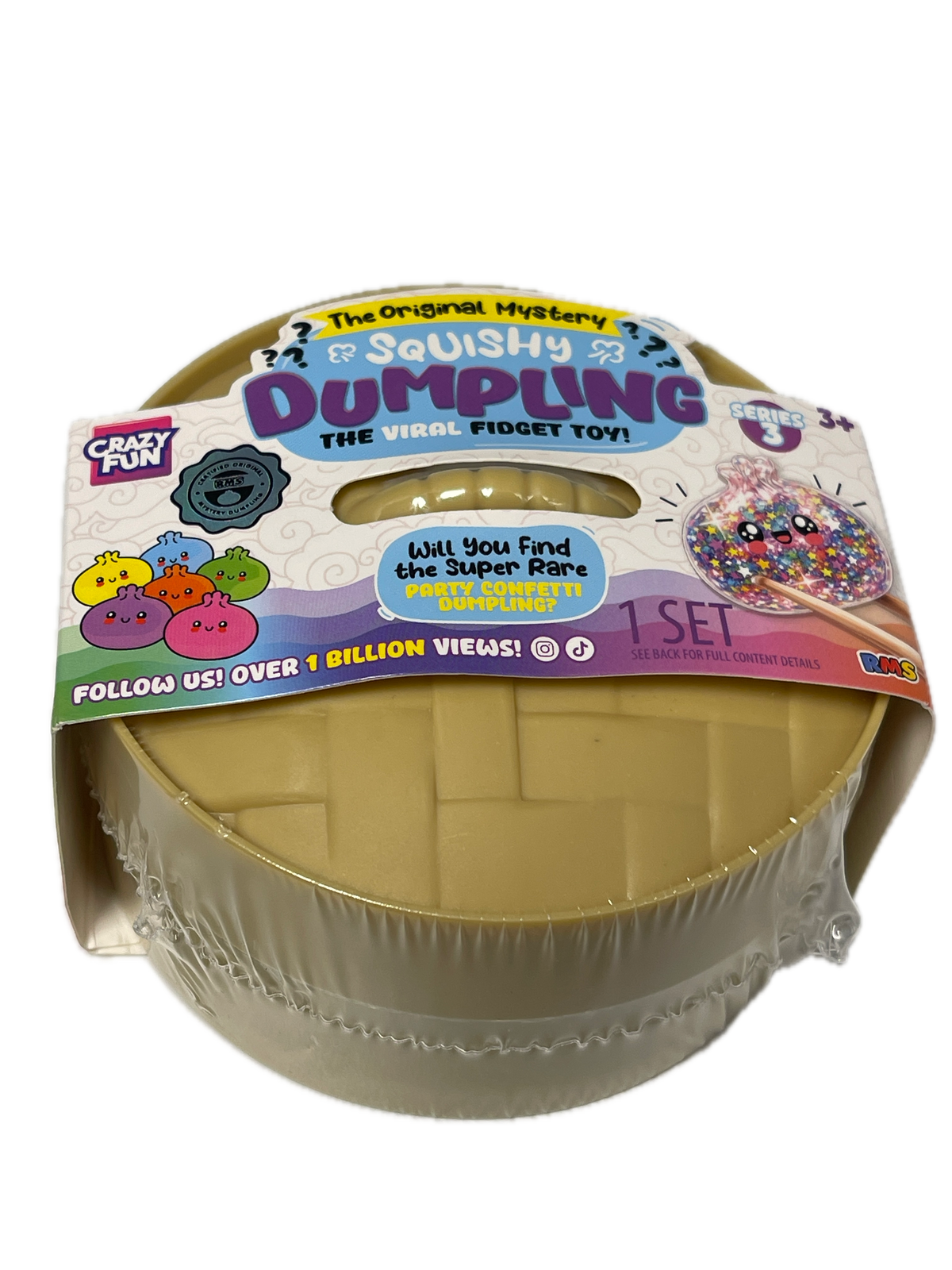A packaged 'Dumpyling' squishy toy from Crafty Creations, shown in its clear plastic wrap with a colorful cardboard header card. The product is a round, beige-colored squishy with a grid pattern, and the packaging features various colorful graphics and text.
